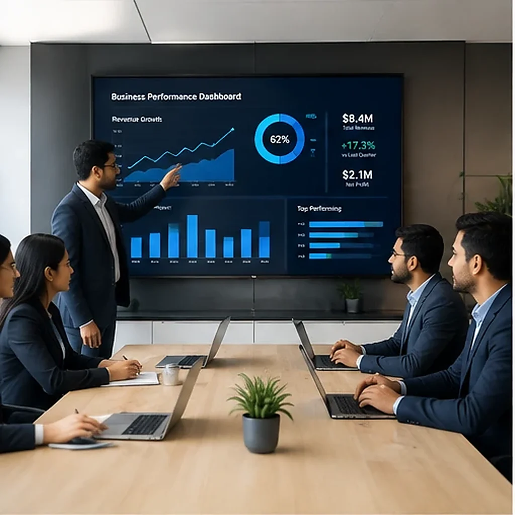 Finance professionals reviewing dashboards