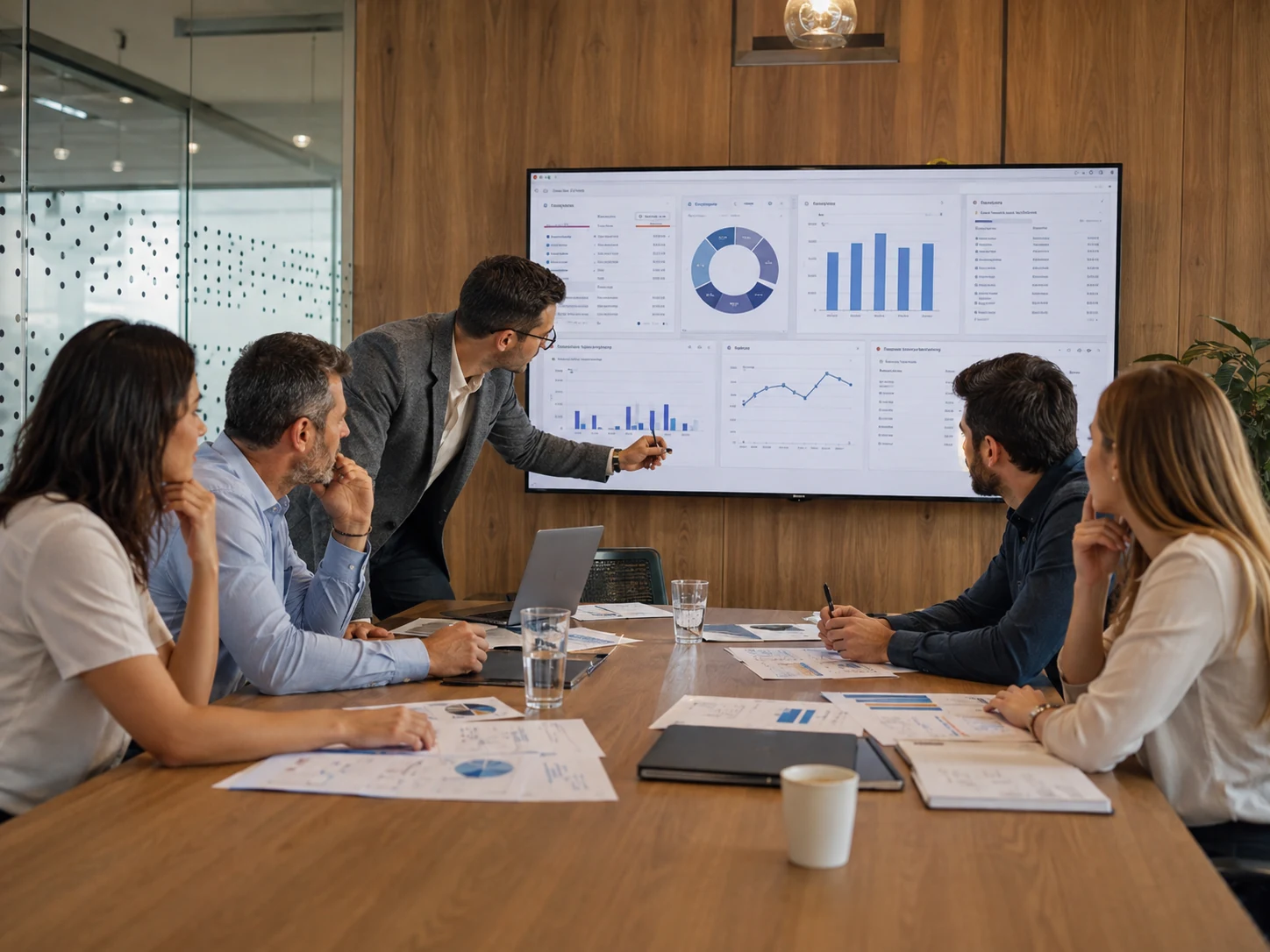 Business team reviewing ERP dashboards in a meeting room