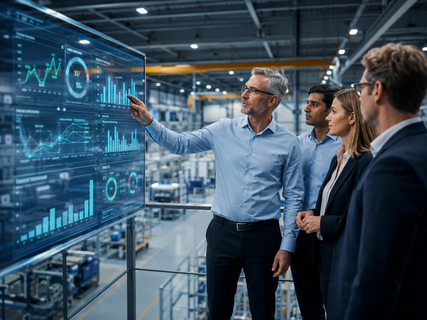 Enterprise team reviewing S/4HANA dashboards in a factory environment